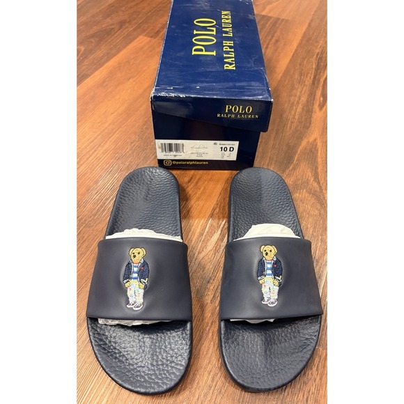 New Ralph Lauren Cayson Slides / Sandals Big Polo Bear Dark Blue 10 New In Box